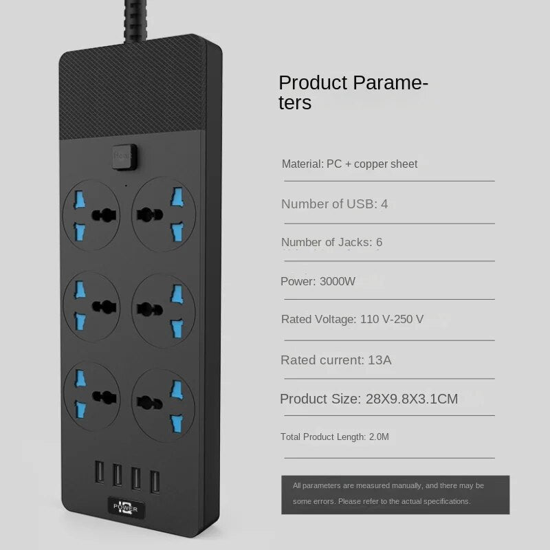 2024New T12 Power Strip Multifunctional High Power 3000W US Plug Smart Power Socket Adapter With 4 USB Port For Car Electronics